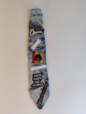 Light Blue Patchwork Tie - Denim with SWAG & Queen Patches